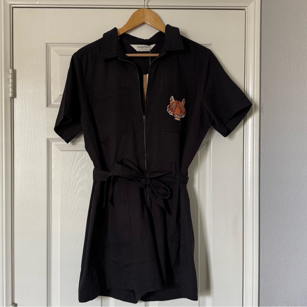 Black Short Sleeve Belted Romper with Tiger Pocket Patch